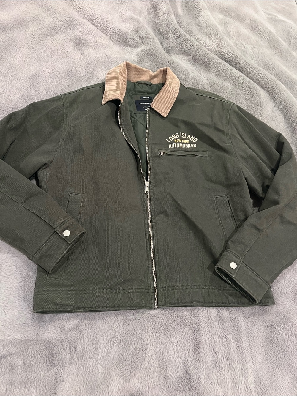 Abercrombie & Fitch Men's Green Cropped Canvas Full Zip Jacket Corduroy Collar M